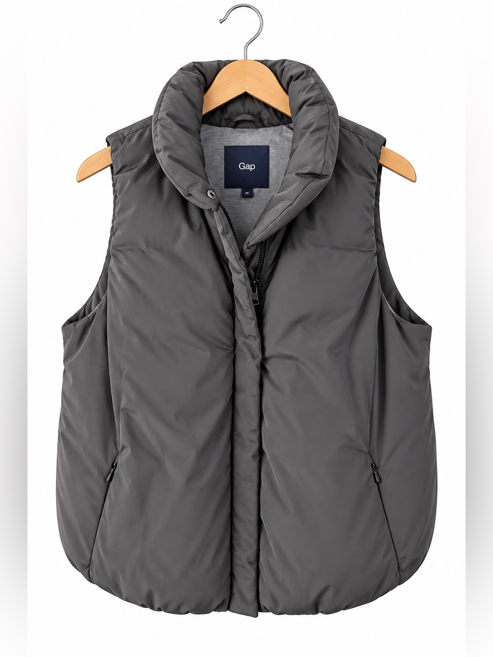 Gap Gray/Brown Puffer Vest Small Funnel Neck Zip Up Jacket Winter Layering Prep